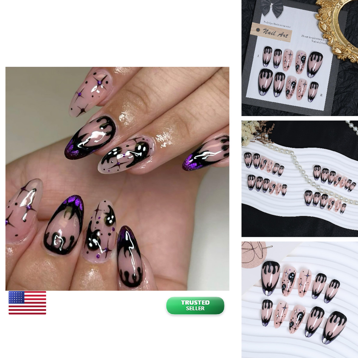 24pc Halloween Black Ghost Press-On Nails Medium Almond Fake Nails