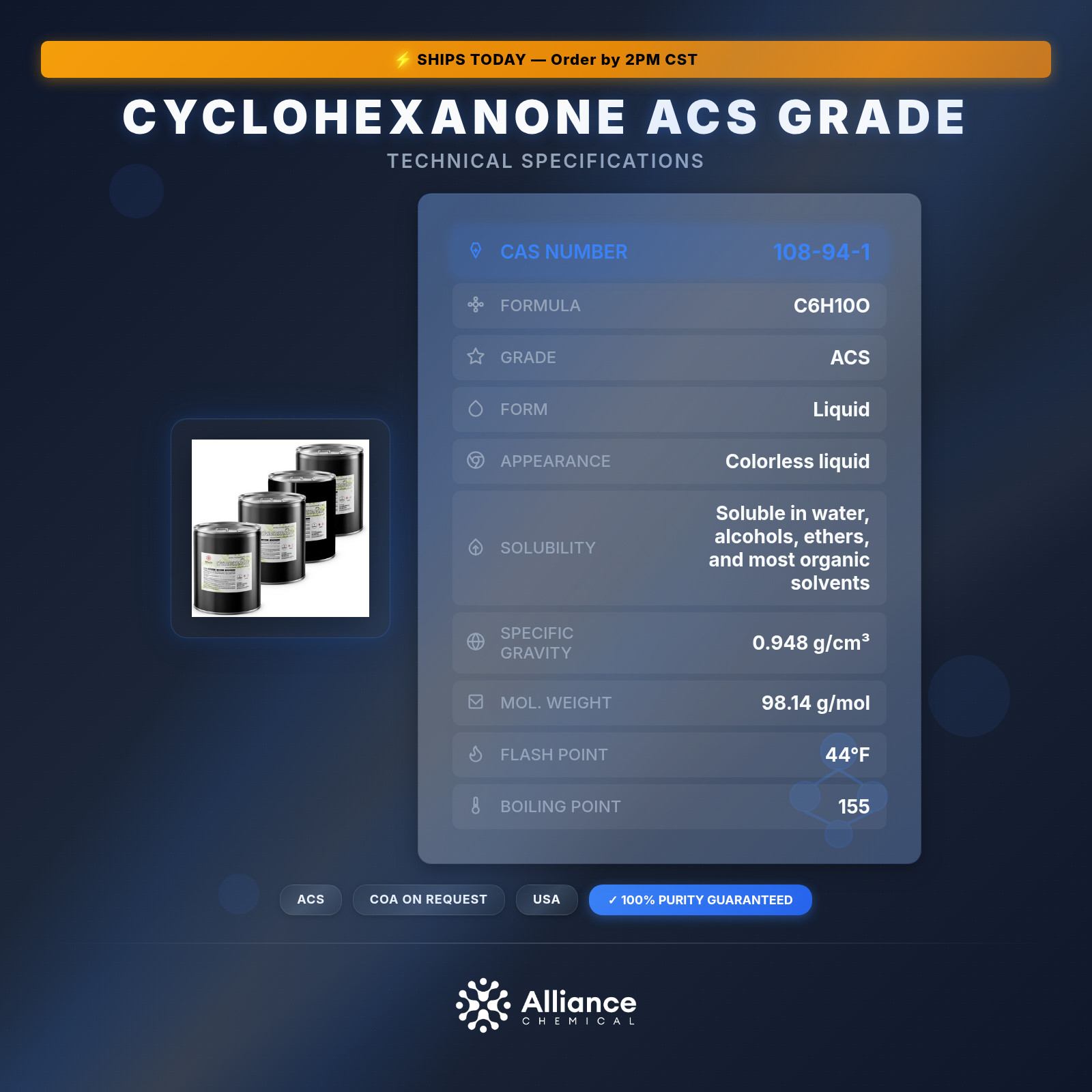 Cyclohexanone ACS Grade – 4 x 5 Gallon Pails