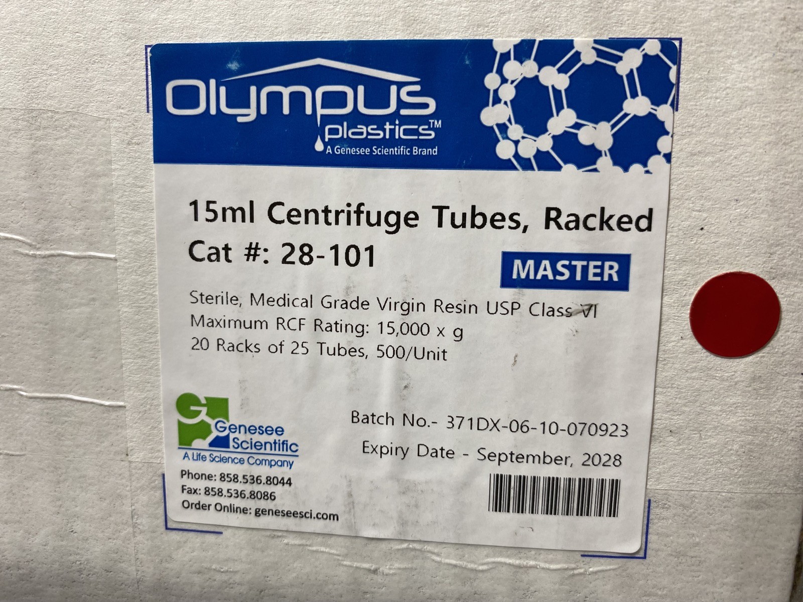 OLYMPUS Genesee 15mL Conical Sterile PP Racked Centrifuge Tubes #28-101 (325/Cs)