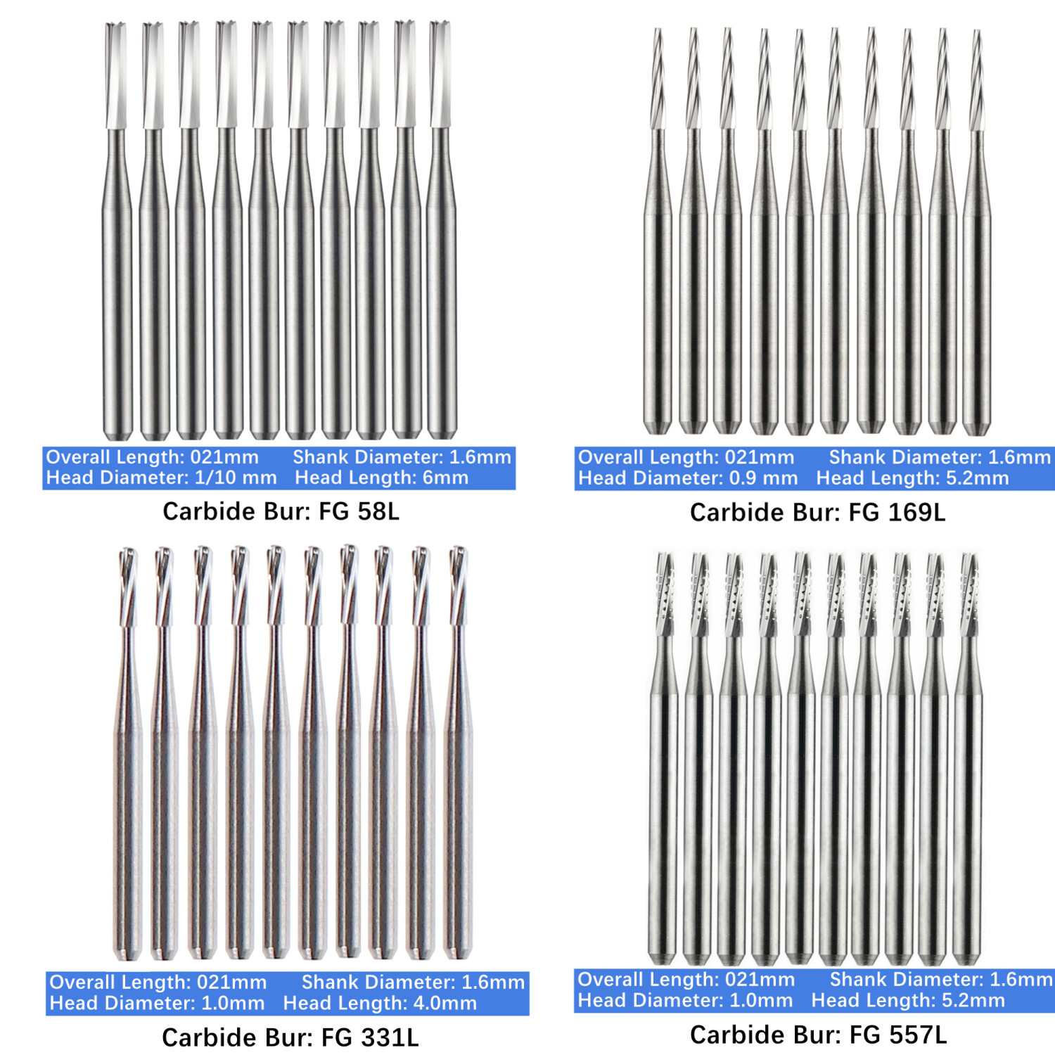 10/Pack 21mm Dental Tungsten Carbide Friction Grip Long Carbide Burs High Speed