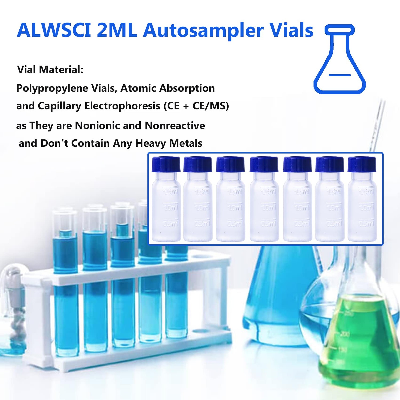 100 PCS 2ml Polypropylene Vials 9mm Short Thread Blue Cap Ion Chromatography