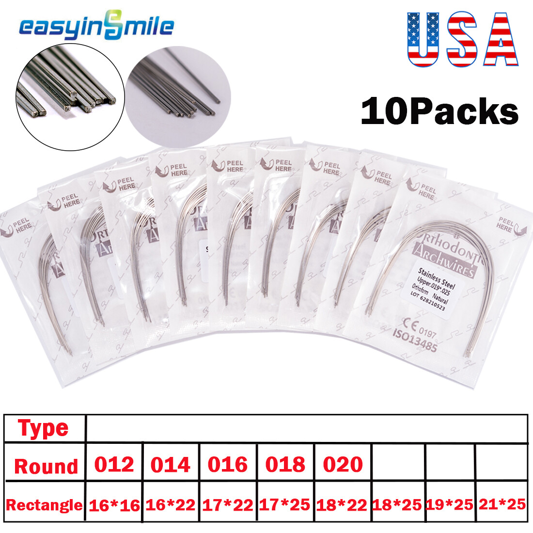 10Packs Dental Orthodontic Stainless Steel Rectangular Arch Wire Natural Round