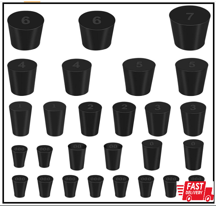 27 Pack (10 Assorted Sizes) 000# – 7# Tapered Lab Bungs Solid Rubber Stoppers