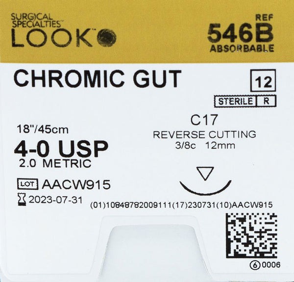 Look 546B Chromic Gut Absorbable Reverse Cut Sutures C17 3/8 Circle 4-0 18″ 12Bx