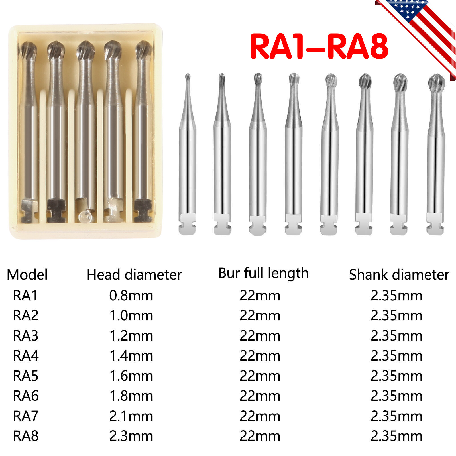 RA1-8 Dental Round Carbide Burs Tungsten For Low Speed Contra Angle Handpiece MD