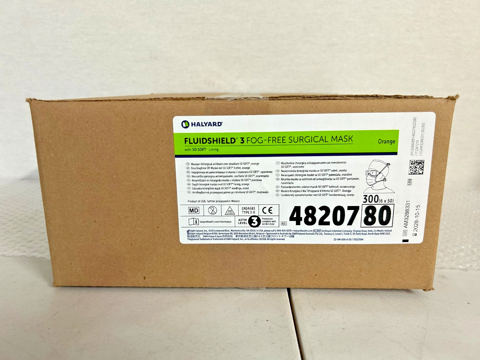 CASE OF 300 HALYARD FLUIDSHIELD ASTM 3 FOG-FREE SURGICAL MASK 48207 EN14683 II R