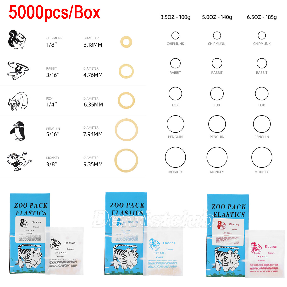5000Pcs Dental Ortho Elastic Rubber Bands 1/4 3/16 1/8 5/16 3.5OZ 5.0OZ 6.5OZ