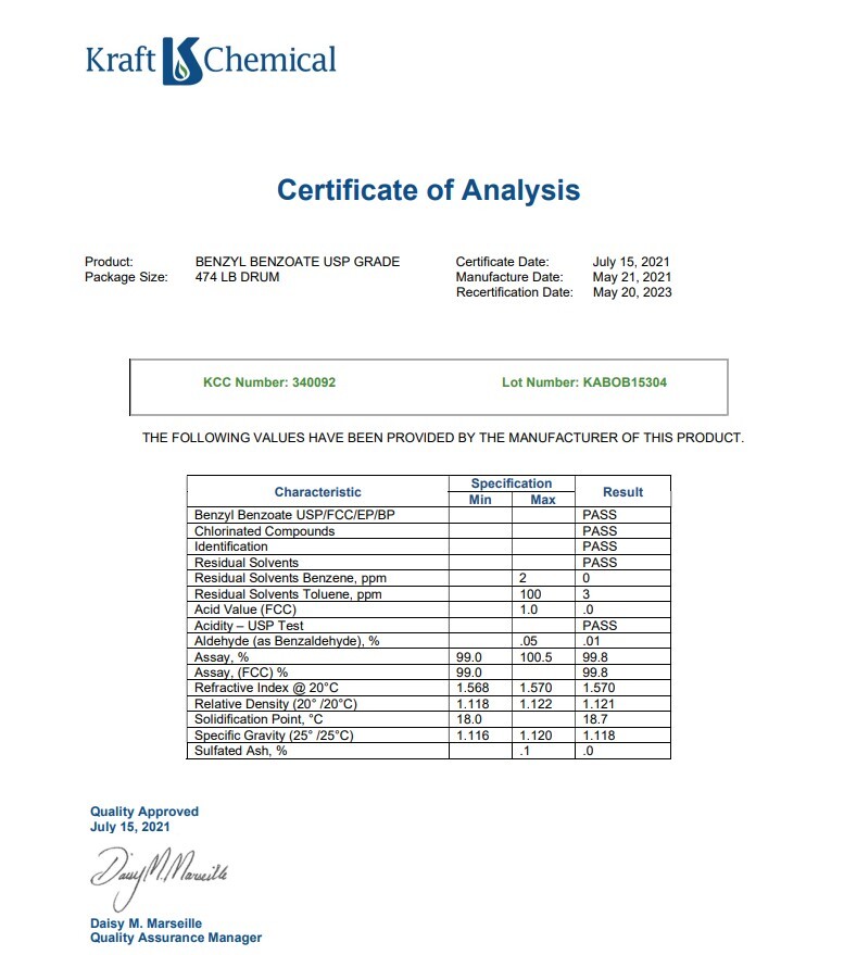 Kalama Benzyl Benzoate USP/NF- Assorted Sizes – Free Shipping