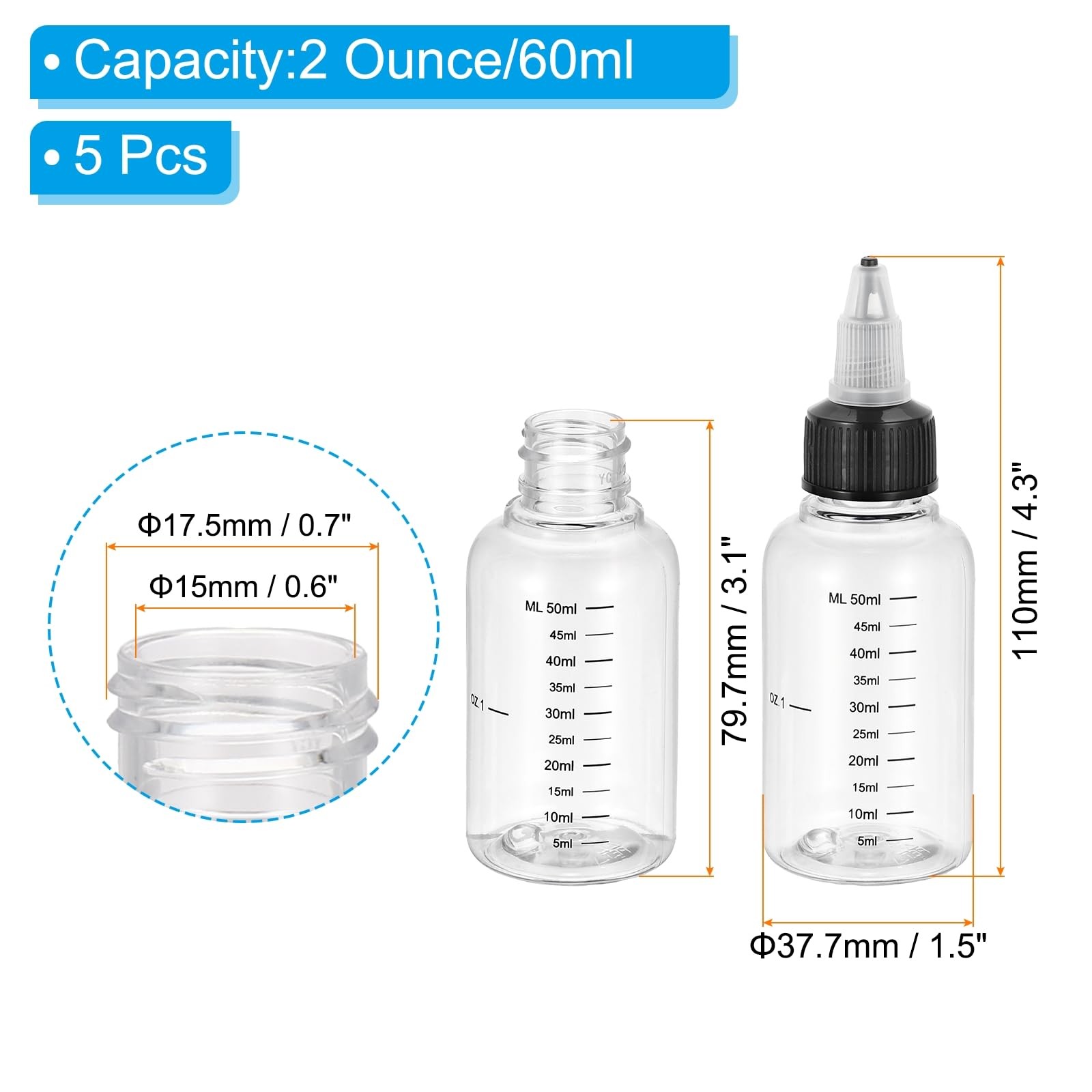 PATIKIL 2oz(60ml) Plastic Dispensing Bottle, 5Pcs 2 fl oz, Clear Black