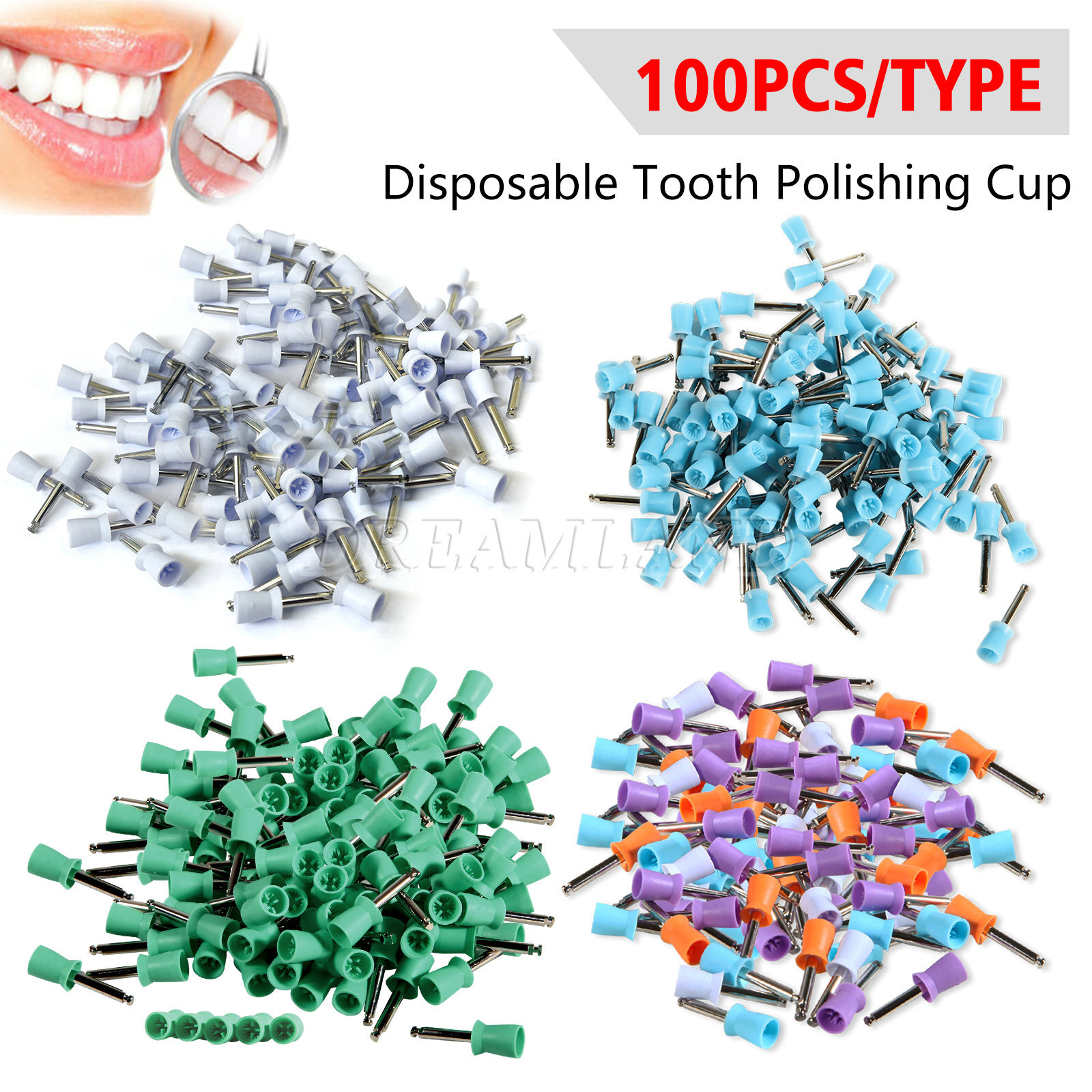 100 Pcs Dental Rubber Prophy Tooth Polish Polishing Cups Brush Latch 4 types