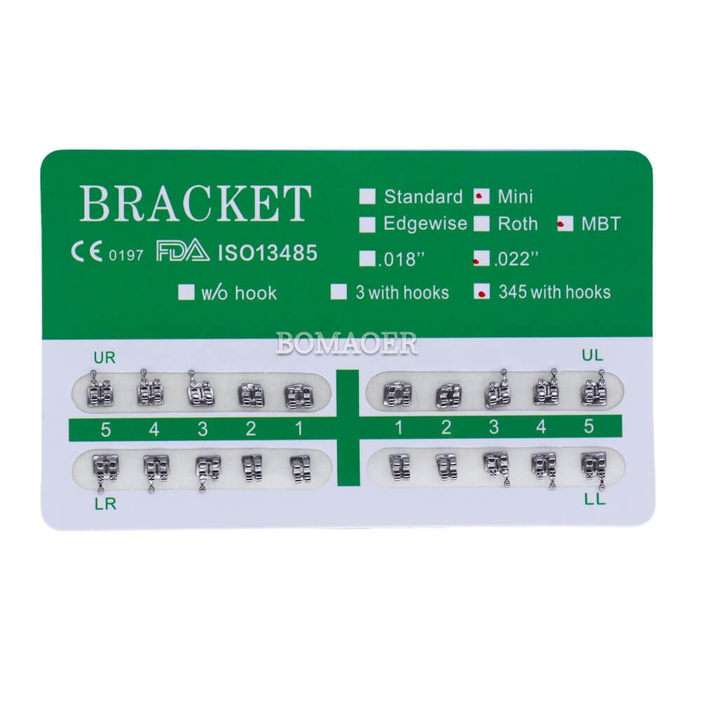 100 Kits Orthodontic Monoblock Metal Brackets, MBT 0.022″ 3-4-5 Hooks, 20pc/Kit