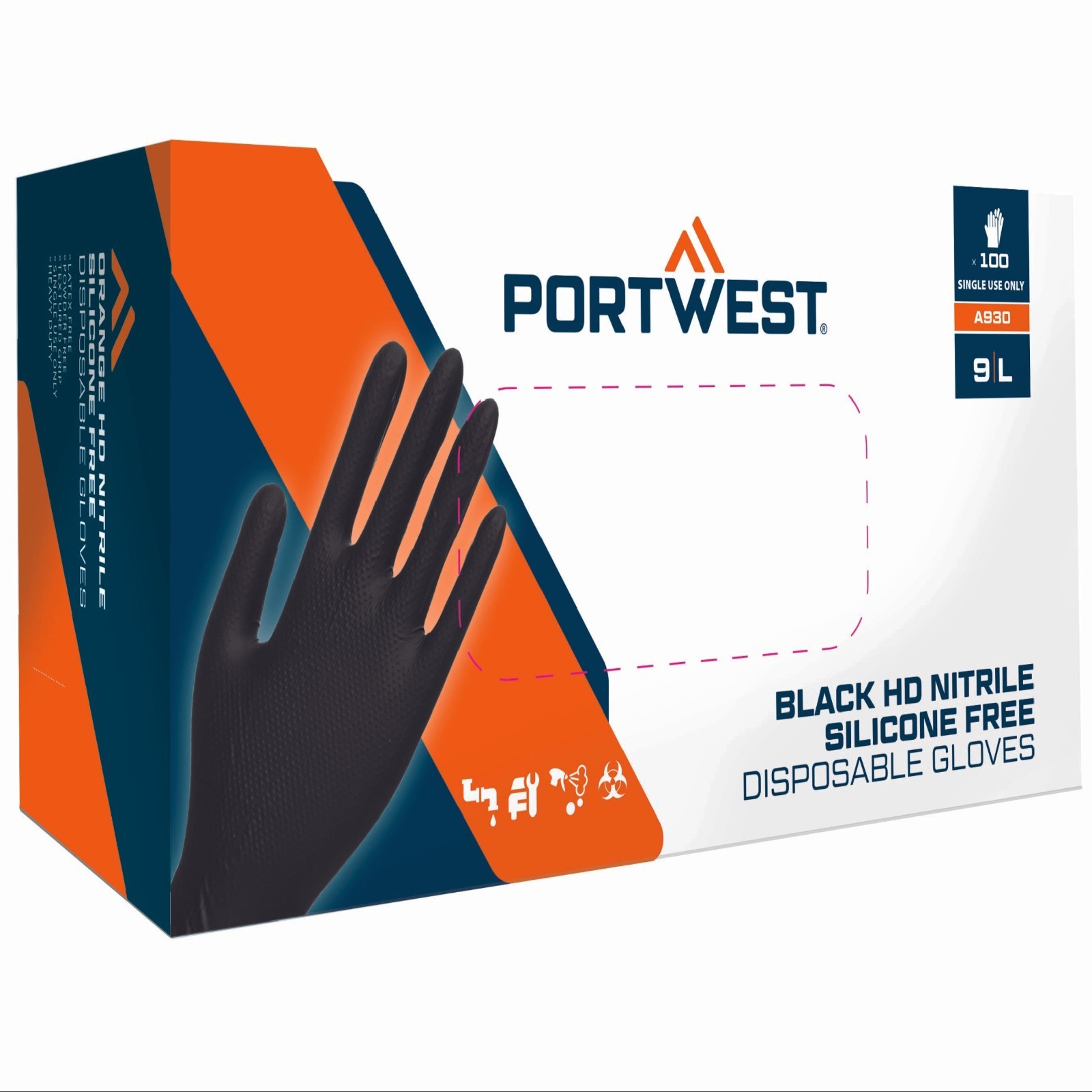 A930 – Portwest Orange HD Disposable Gloves Black/Orange Nitrile
