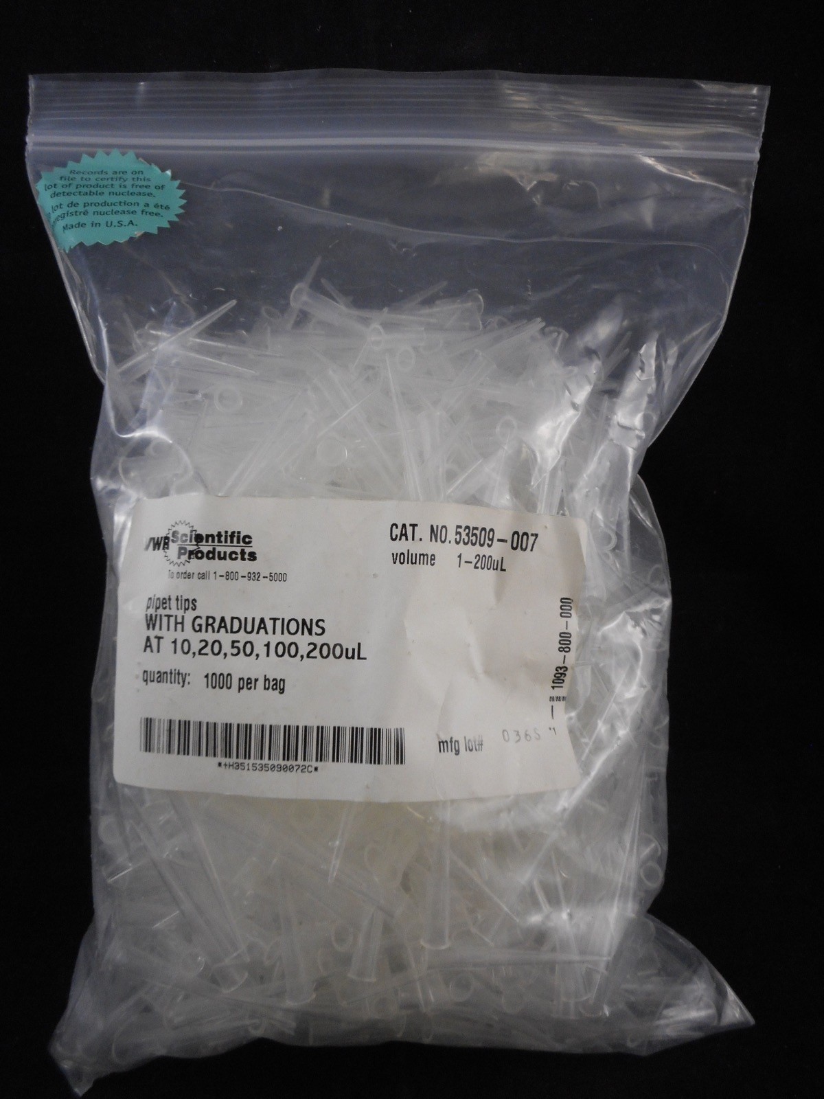 VWR Plastic 1-200µL Pipet Tips Nonsterile with Graduations 1000/PK 53509-007