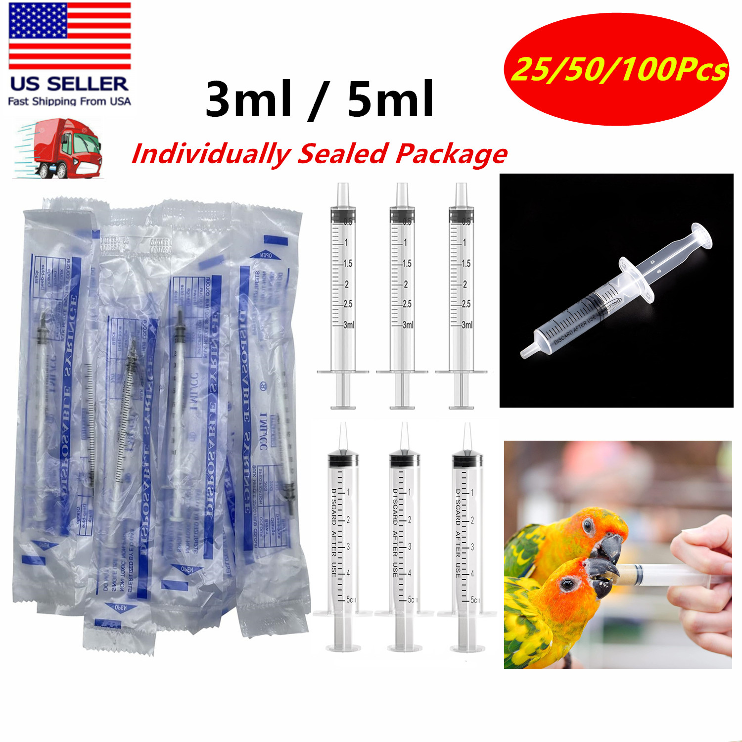 25/50/100 Pack 3ml 5ml Luer Slip Syringes without Needle, Disposable, Sterile