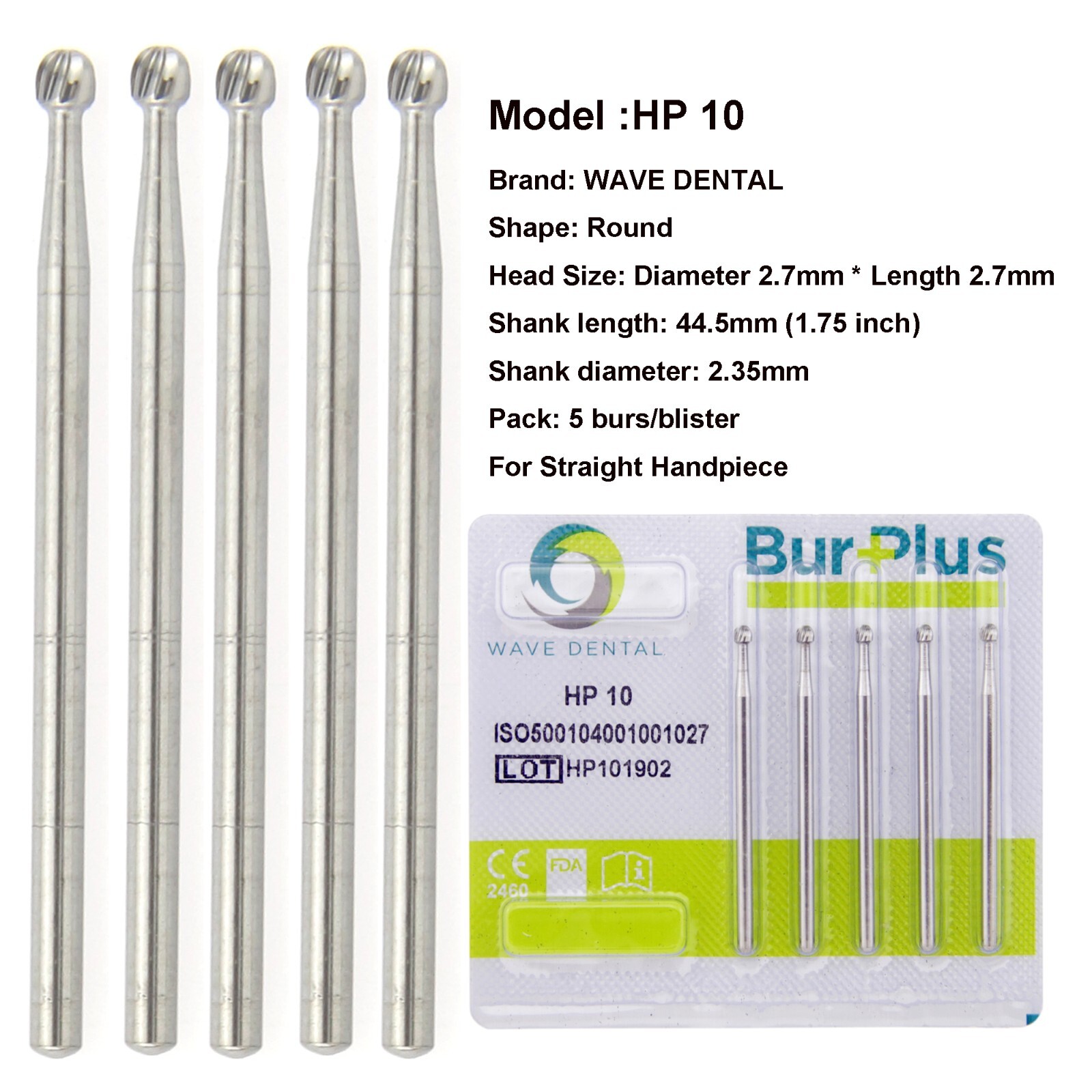 Wave Dental Round Tungsten Carbide Burs HP 44.5mm Shank for Straight Handpiece
