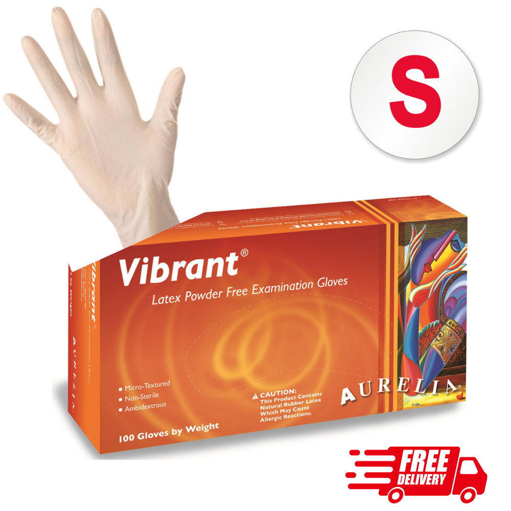 100 SMALL Latex Exam Creamy Gloves Aurelia Vibrant Powder-Free, Micro-textured