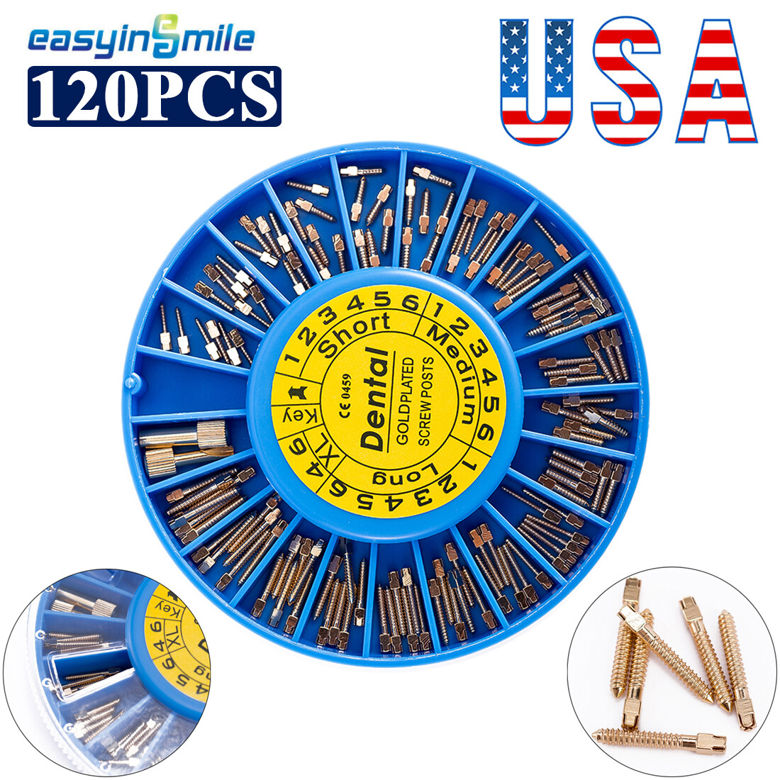 120pcs Dental Endodontic Screw Posts Assorted Kit &2Key Gold Planted EASYINSMILE