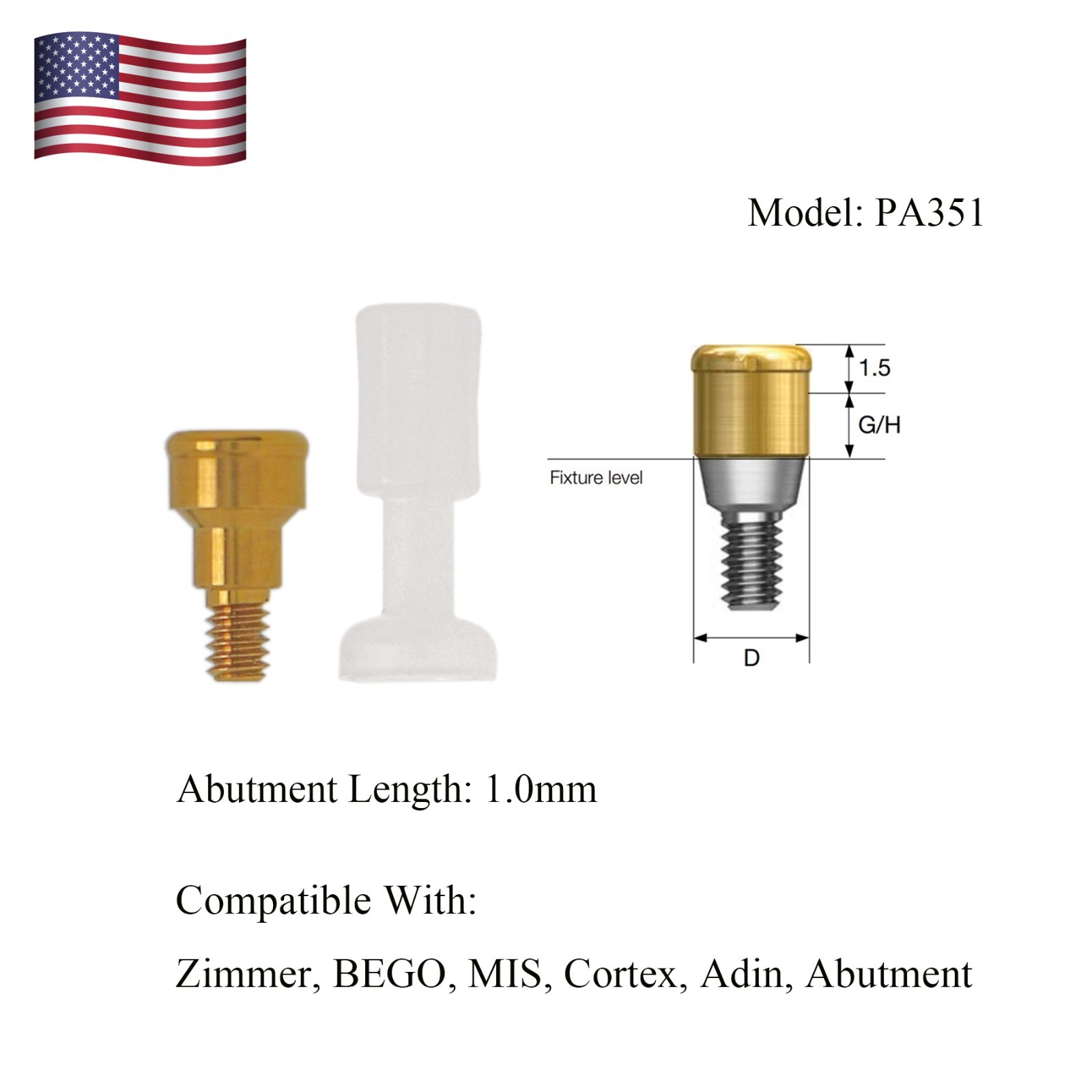 US Zest Locator Abutment for Zimmer Screw Vent 3.5/4.5 Platform and compatibles