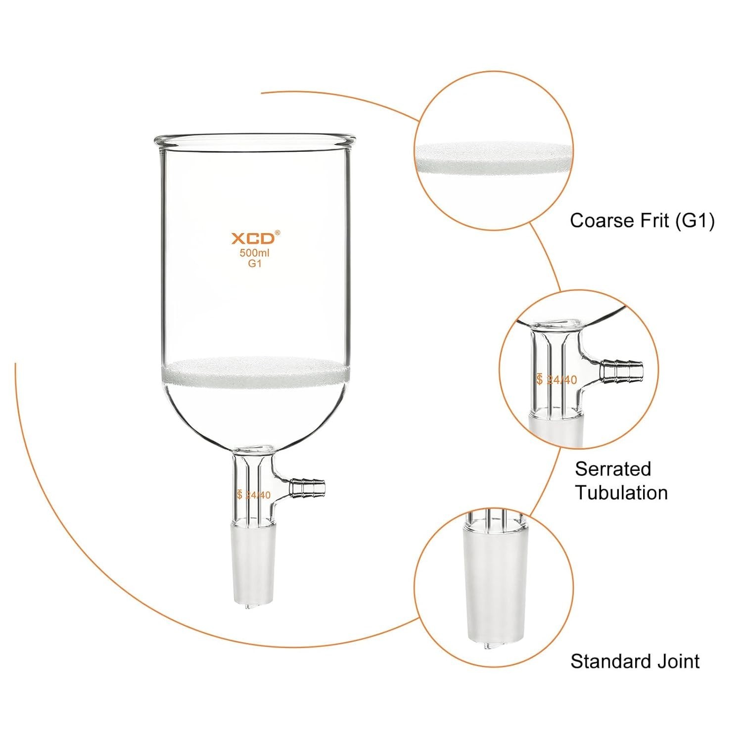 500mL Buchner Funnel G1 Coarse Frit 24/40 Joint Vacuum 94mm ID Lab Glass Filters