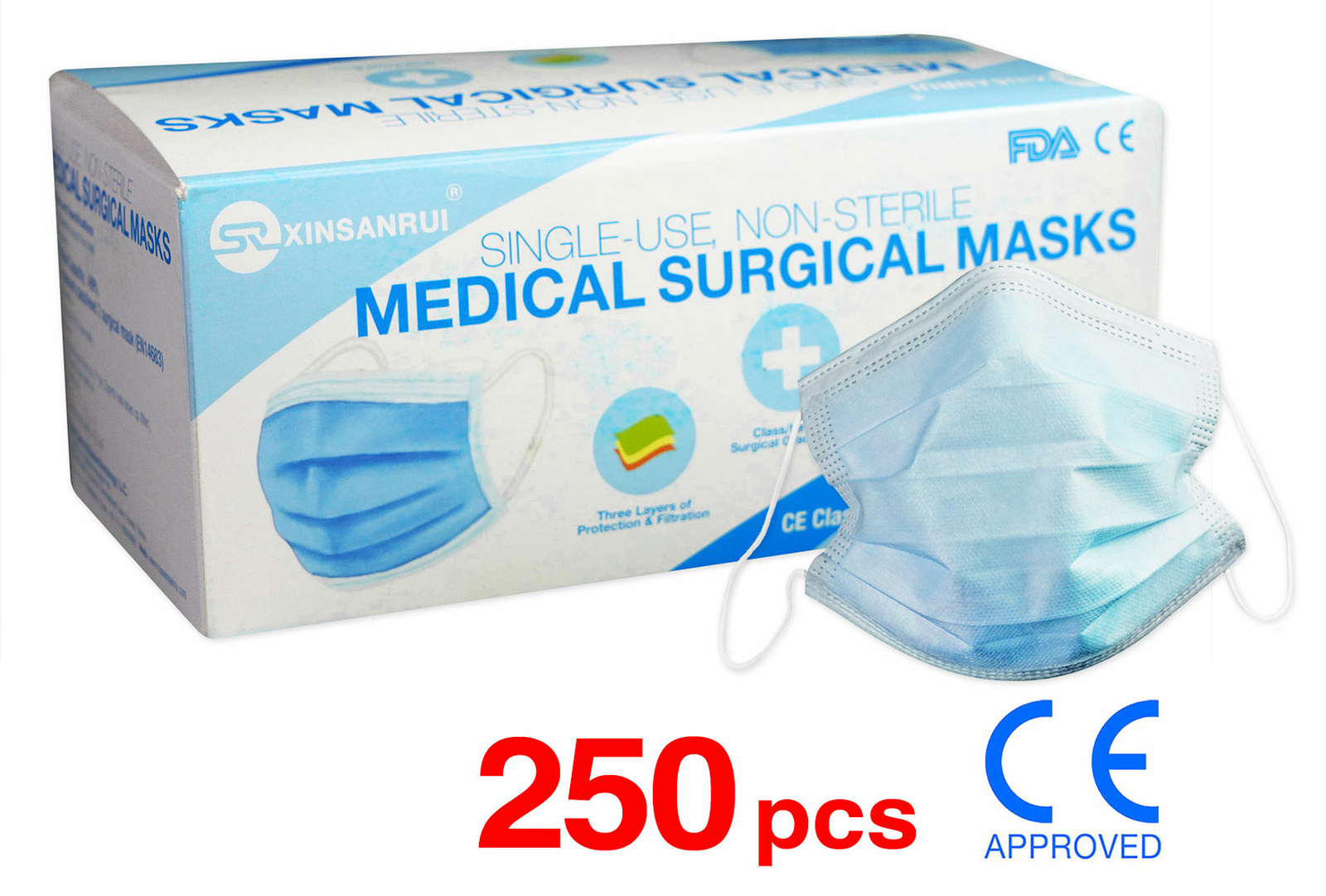 250 Pack CE Approved Class/Level 2 Surgical Disposable Face Mask/3-Ply 98% BFE