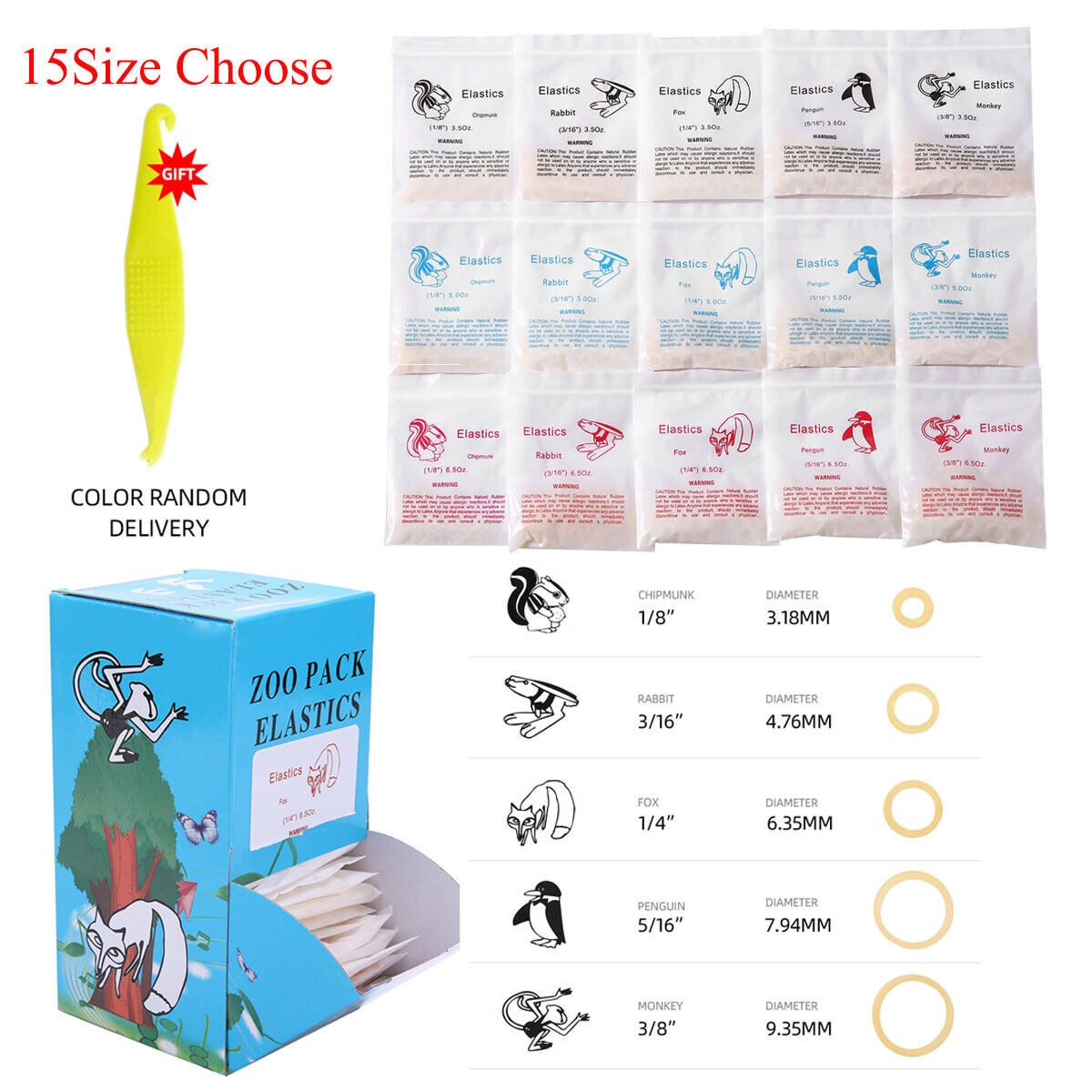 5000Pcs Dental Orthodontic Rubber Bands Elastics Latex Braces 15 Size for Choice