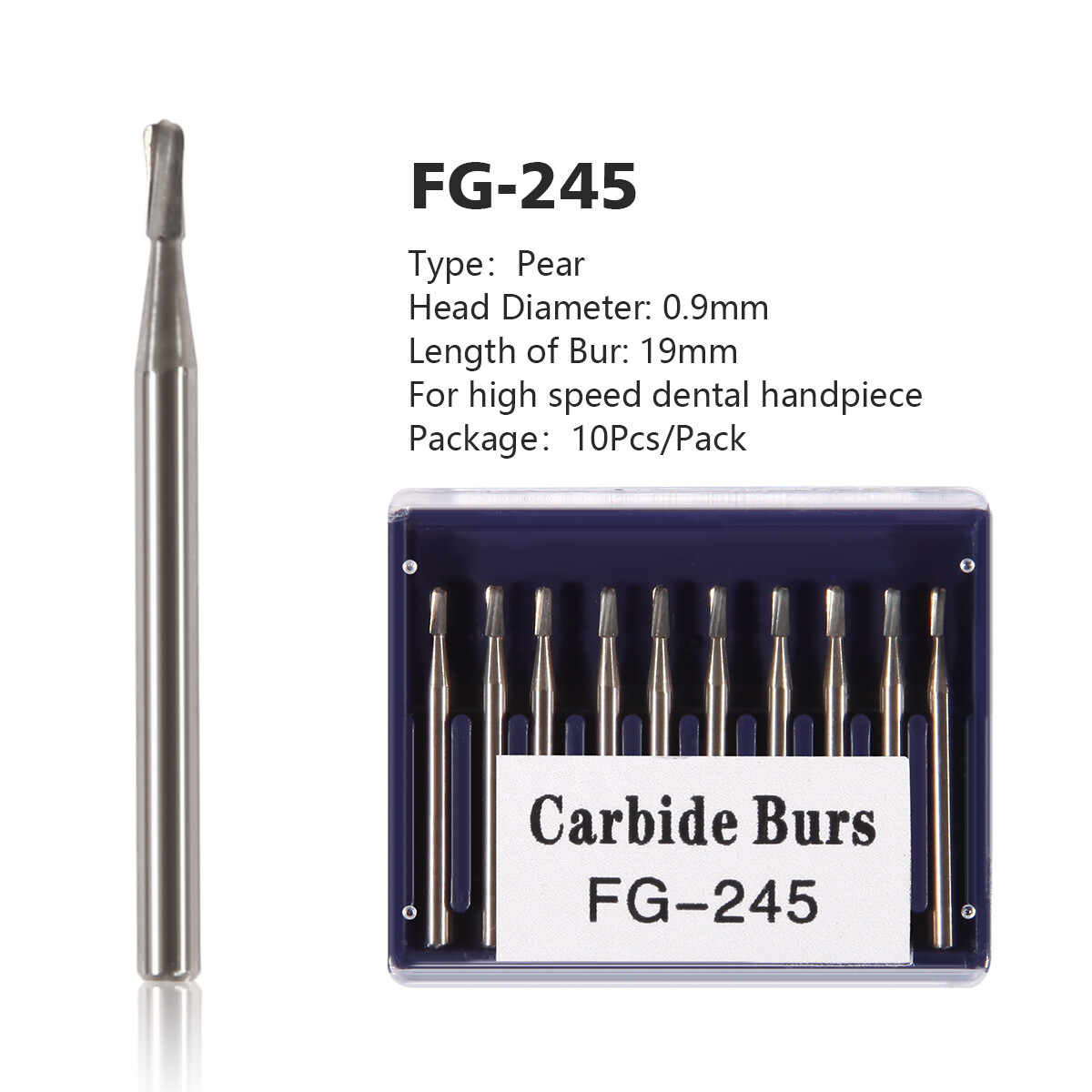 10Pcs Dental Tungsten Carbide Burs Pear-Shaped Tungsten Steel FG 245 Bur Drills