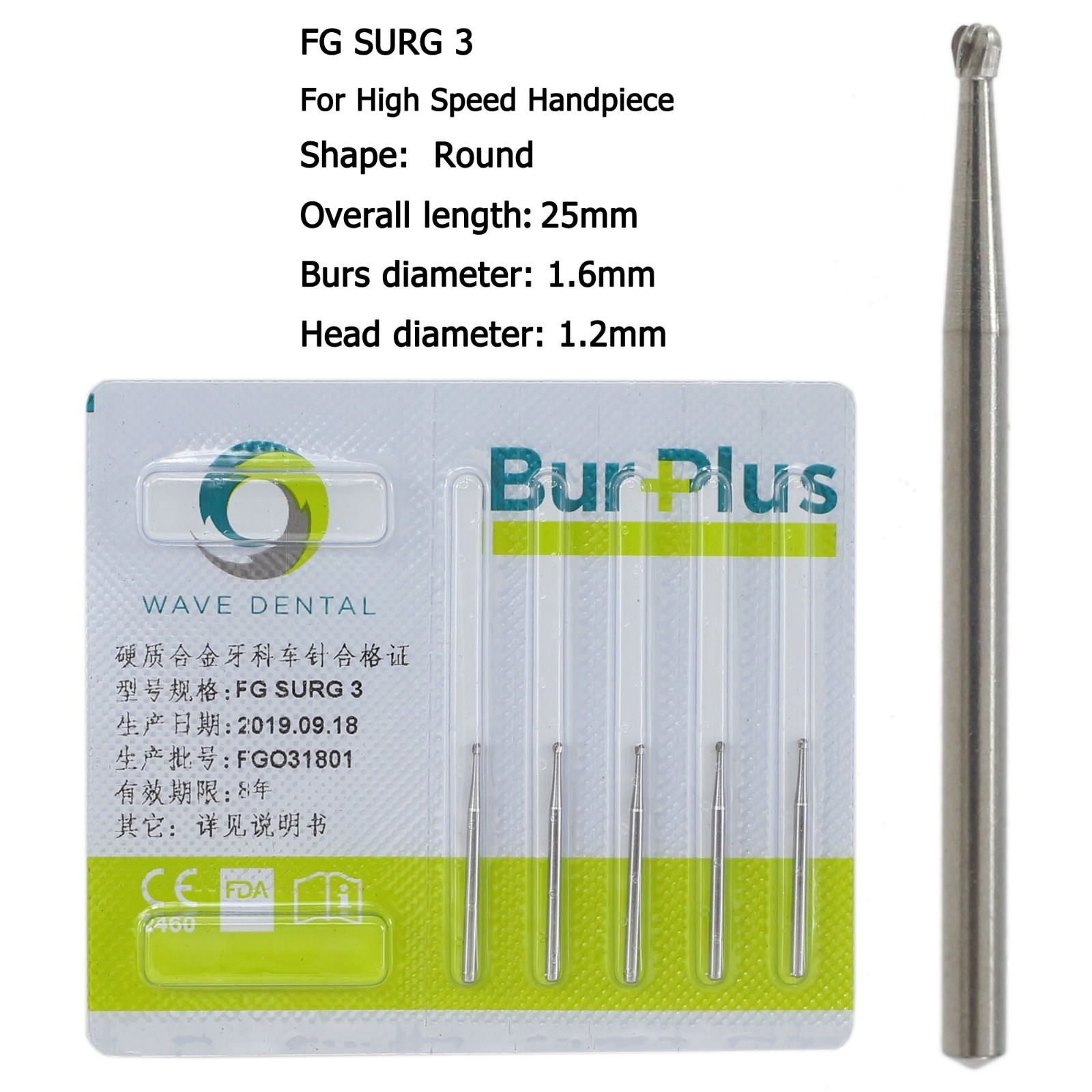 WAVE Dental Round Surgical Burs Carbide Bur High Speed Long FG / FG SURG 2 4 6 8