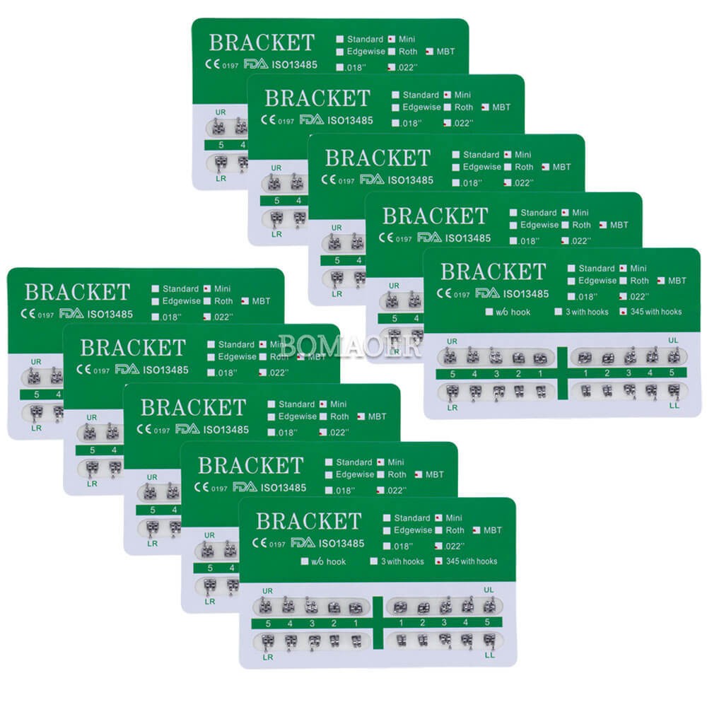 100 Kits Orthodontic Monoblock Metal Brackets, MBT 0.022″ 3-4-5 Hooks, 20pc/Kit