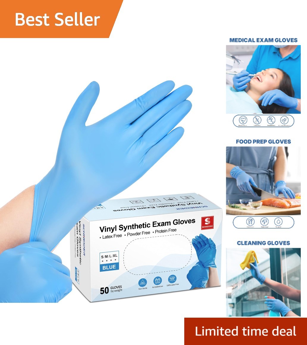 Disposable Vinyl Synthetic Exam Gloves – 4 Mil, Latex Free, 50 Pack – Blue