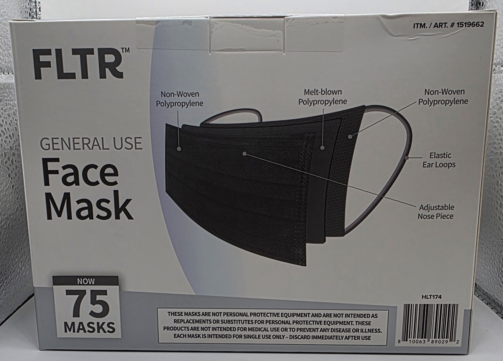 FLTR General Use Disposable Face Mask Black 75 Count Pack of 3