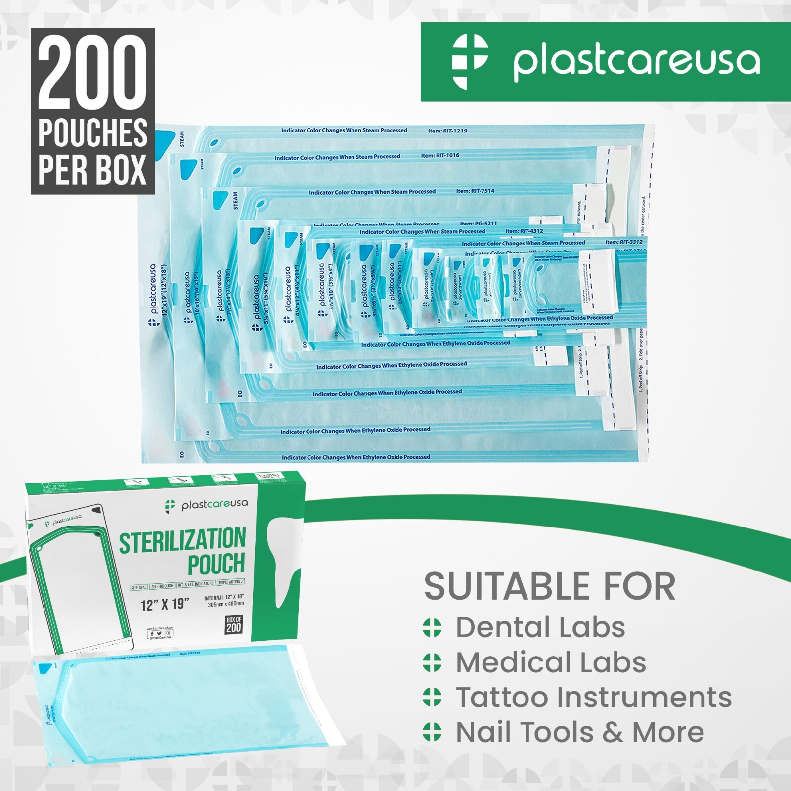 12″ x 19″ Self-Sealing Sterilization Pouches for Autoclave (1 Box of 200)