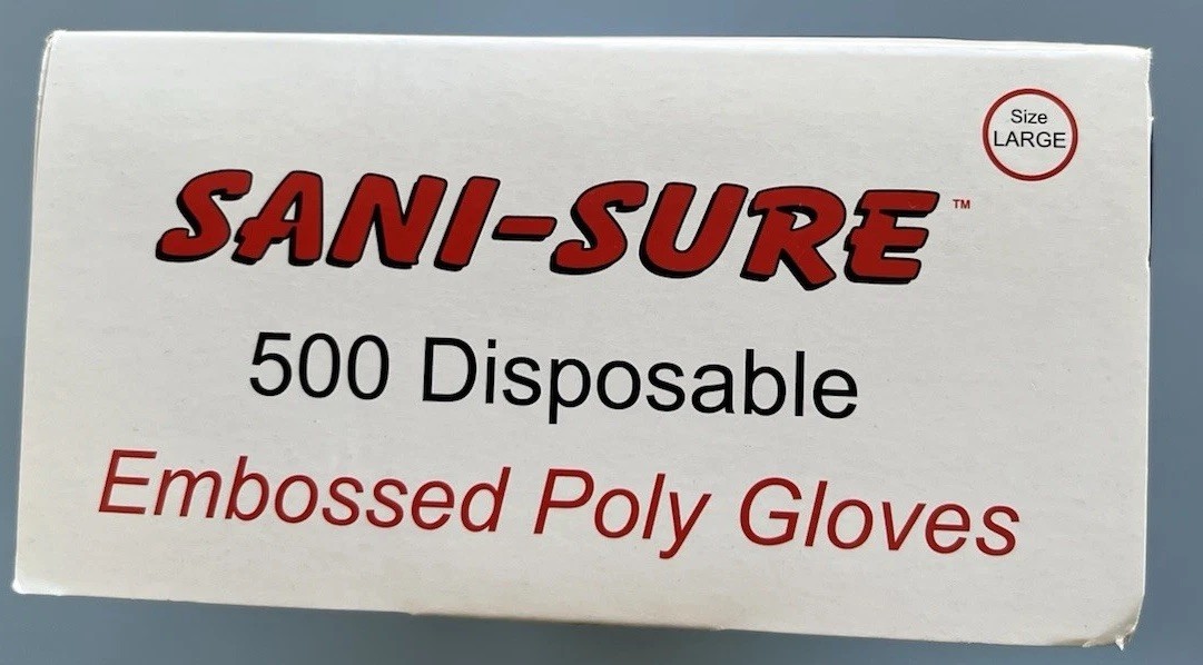 5 Boxes Of 500 SANI-SURE Disposable Embossed Single Use Poly Gloves Large NEW