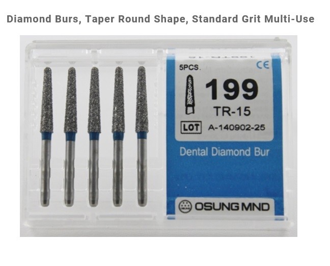 Dental Diamond Burs, Taper Round Shape, Std Grit Multiuse, 5 Pcs/Pk [1643-TR12]