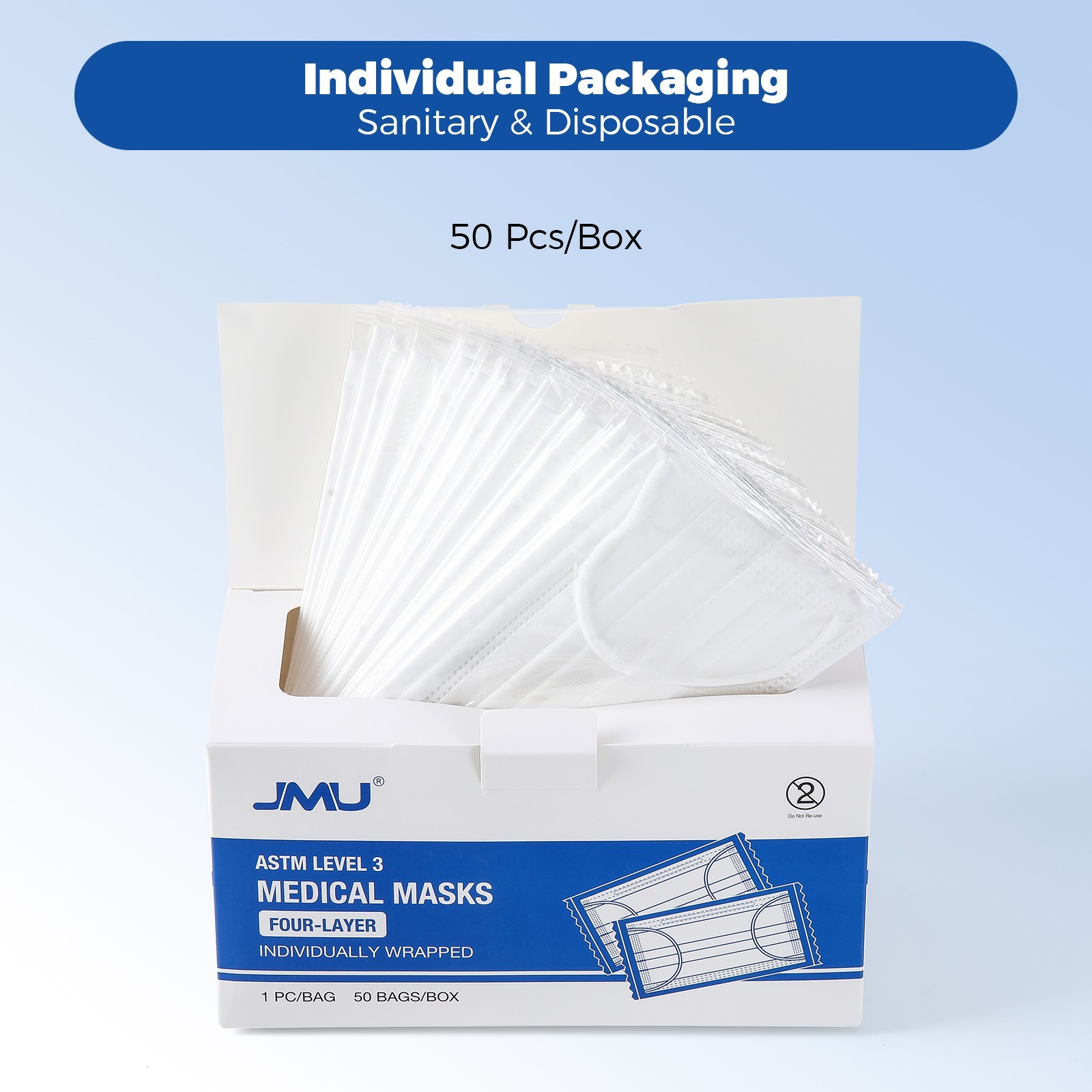 JMU Disposable Medical Face Masks, 4-Ply ASTM Level 3 Ear-Loop Face Masks 50pcs