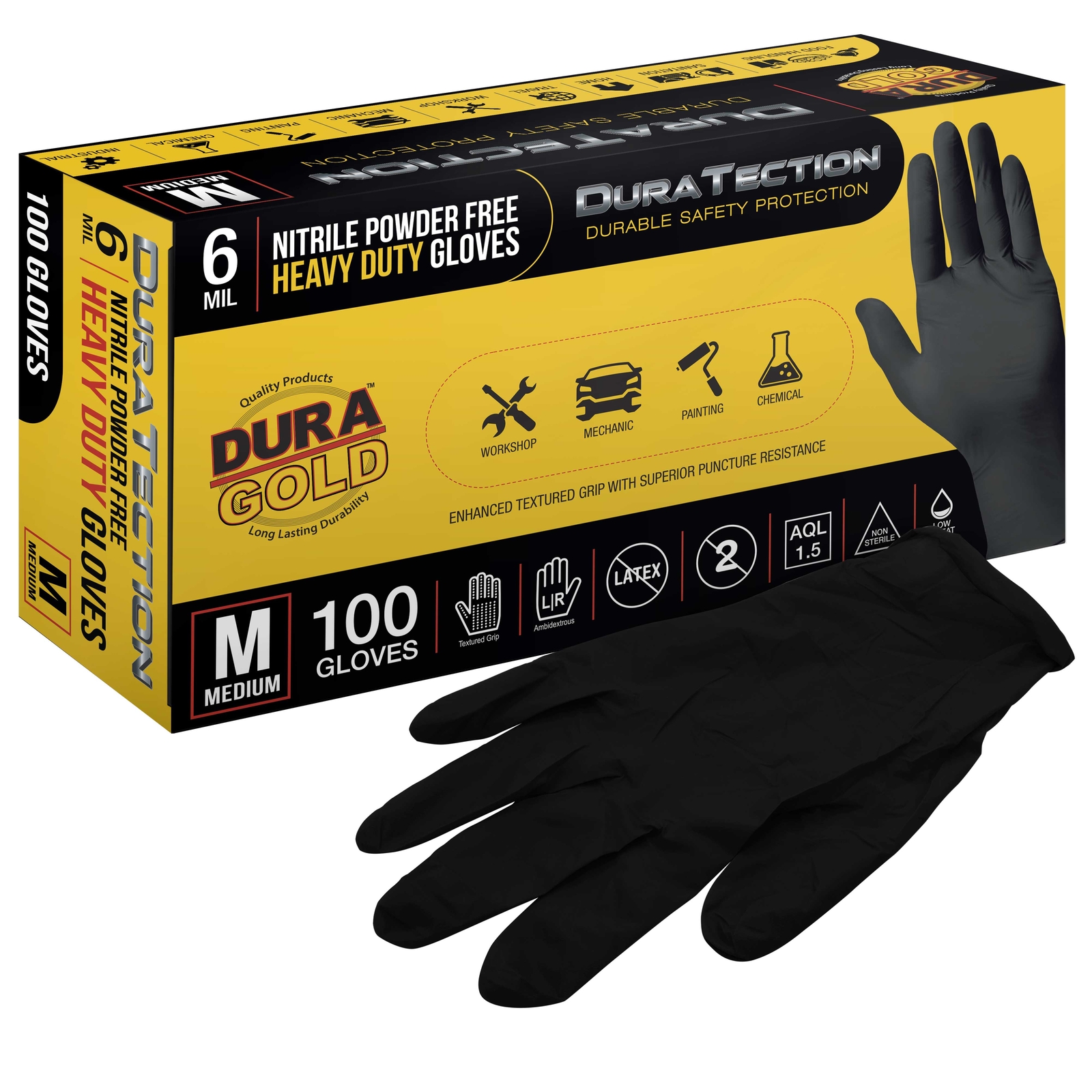 Dura-Gold HD Black Nitrile Disposable Gloves, Box of 100, Size Medium, 6 Mil