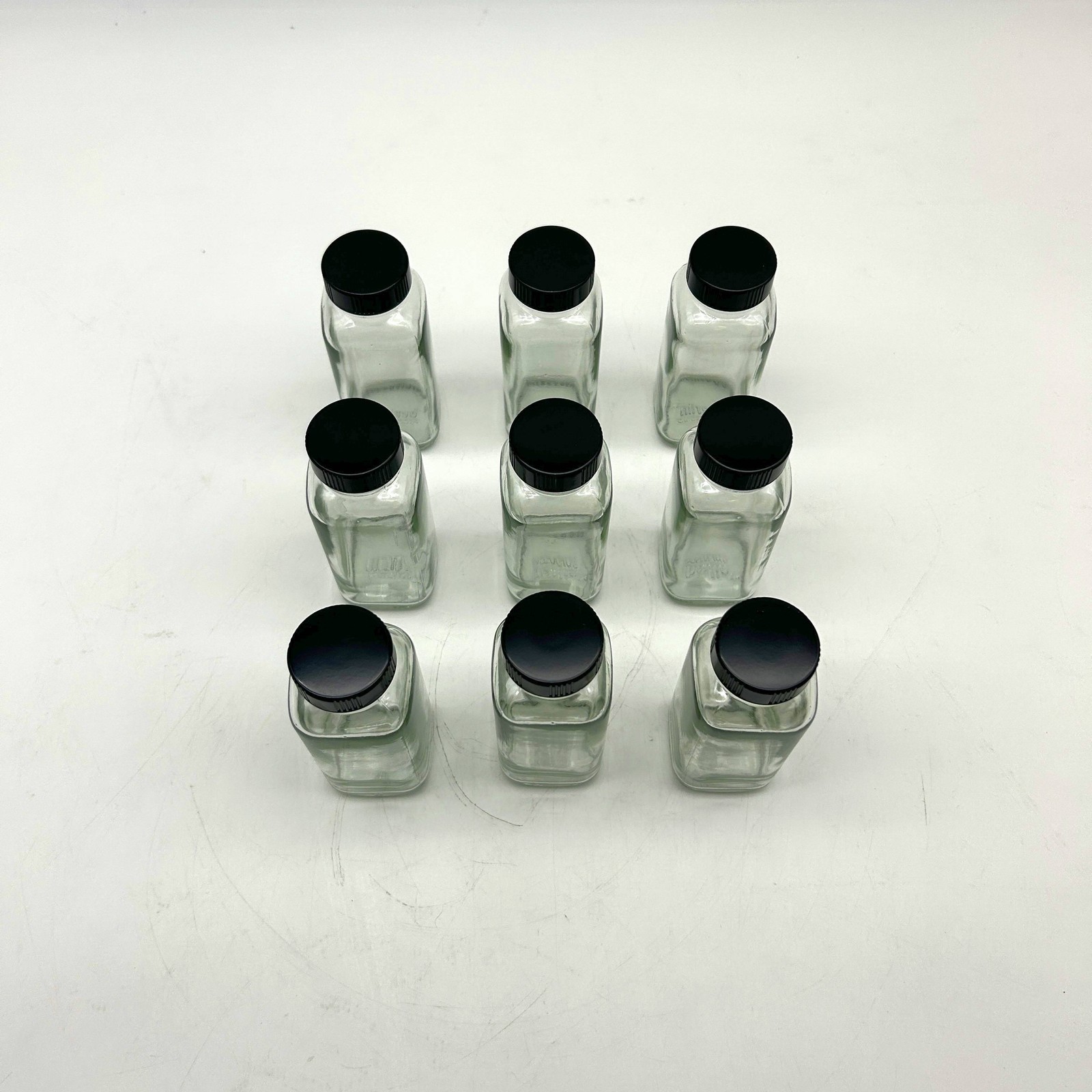 4 oz Clear Glass French Square Bottles w/ Black Caps Berlin Packaging 117191 9pk