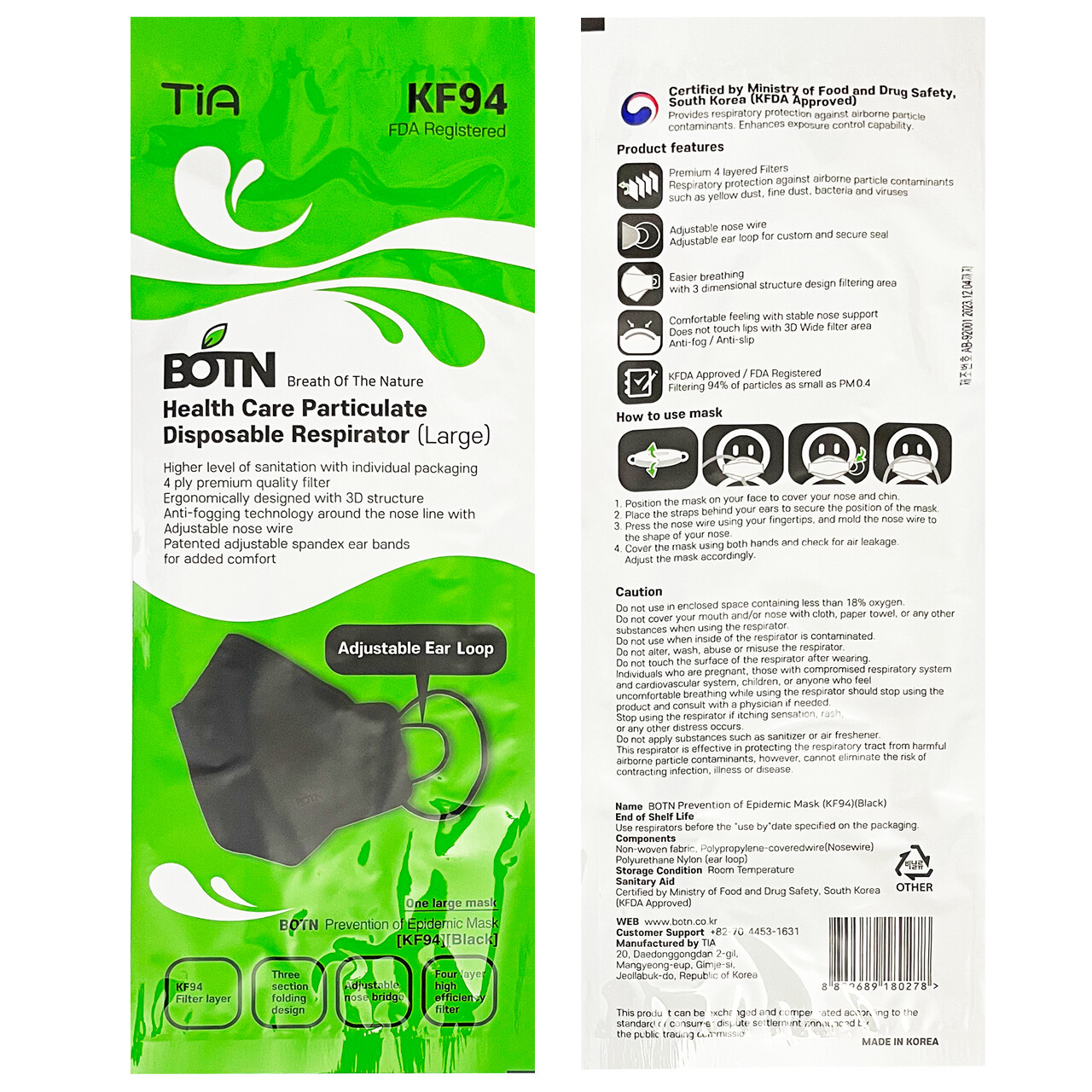 10 PCS KF94 BLACK Protective Face Mask Adult Made in Korea KFDA Certified BOTN