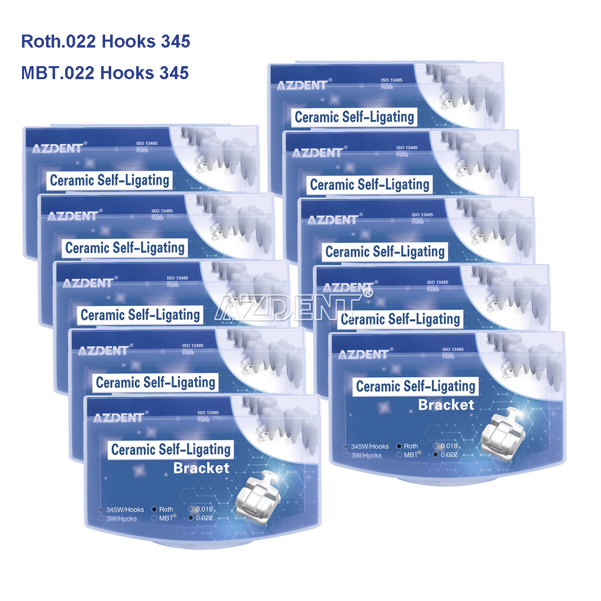 AZDENT Dental Self-Ligating Ceramic Bracket Braces MBT Roth 0.022 Hooks 345
