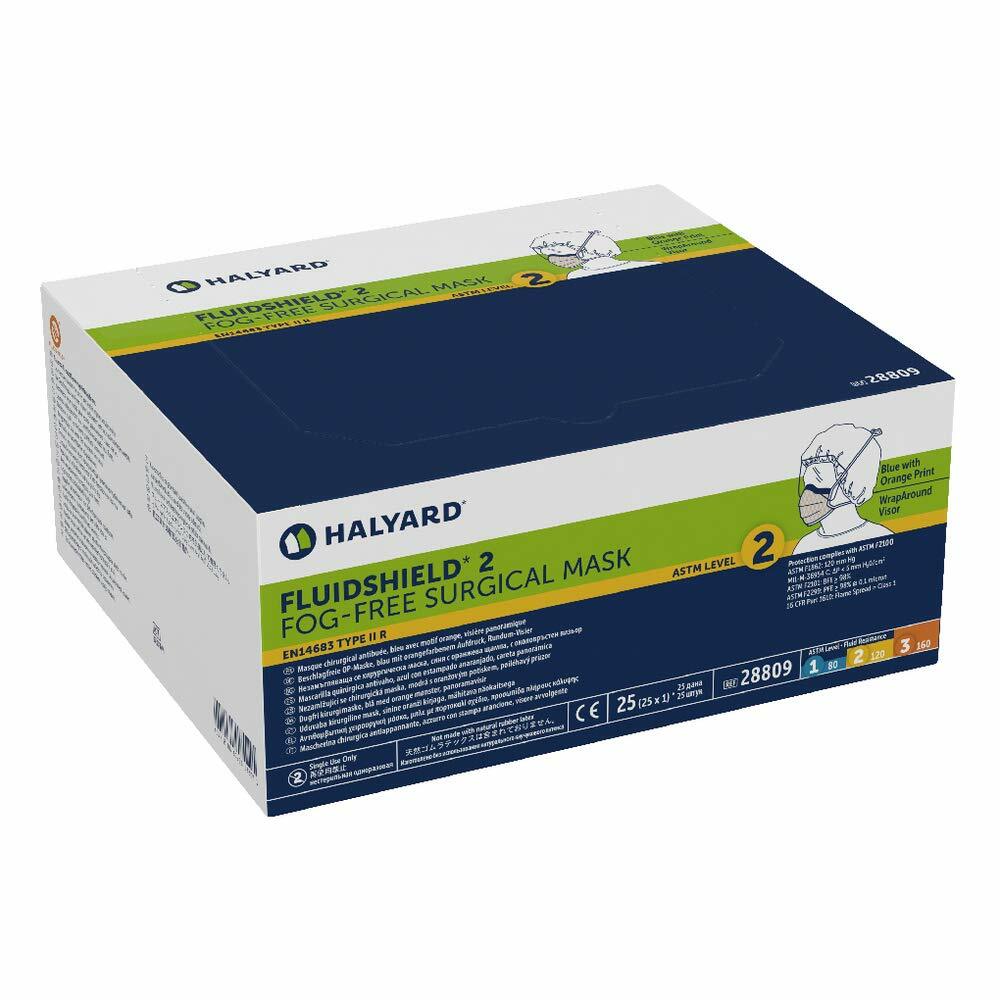 *100-Pieces* Halyard FluidShield ASTM Level 2 Fog-Free Surgical Face Mask 28809