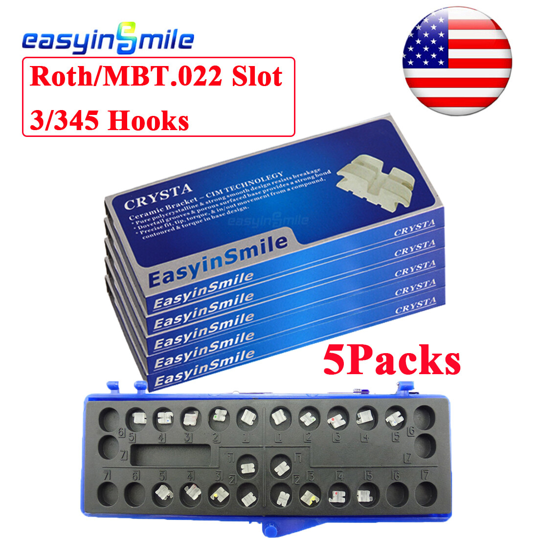5pk Dental ceramic Brackets Orthodontic Roth/MBT.022″3/345 Hook Clear braces5-5