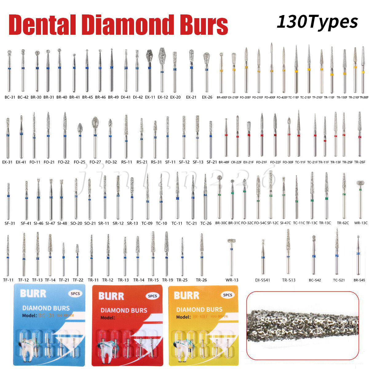 100 Types Dental FG Diamond Burs For High Speed Handpiece Friction Grip 50pcs