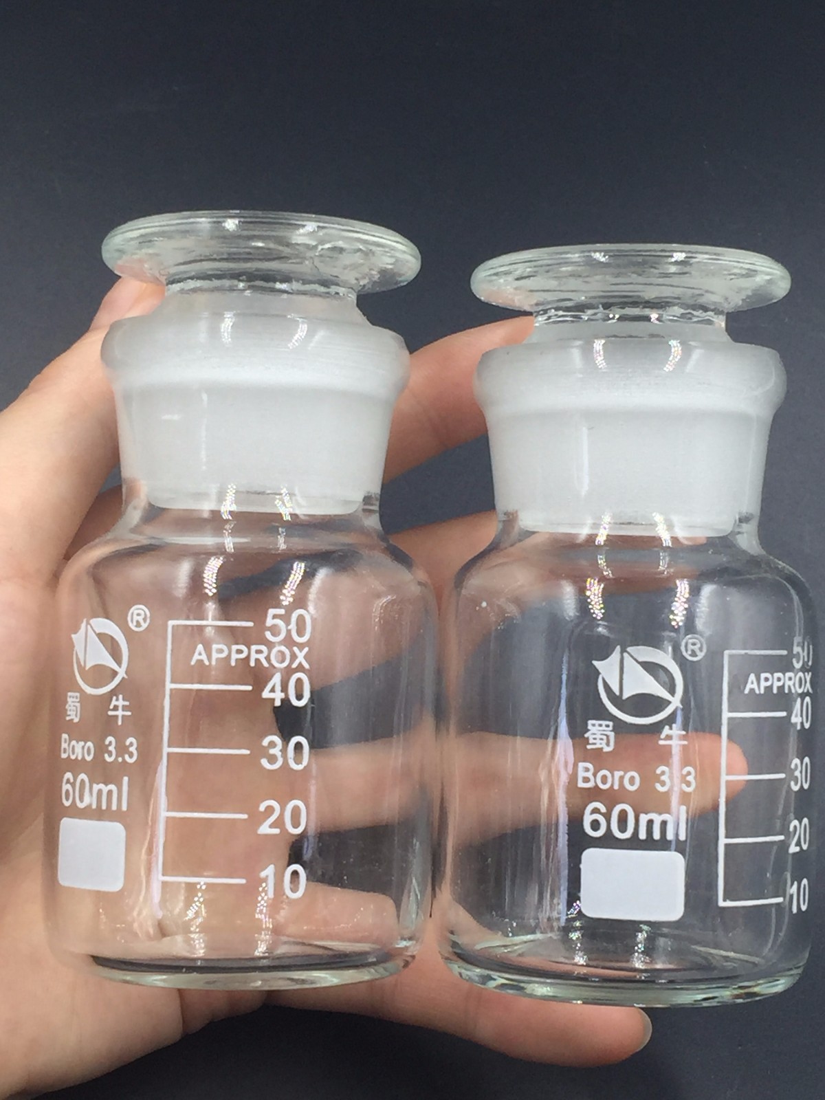 Glass lab reagent bottle wide mouth 60 ml 2 oz ，Ground Glass Stopper New