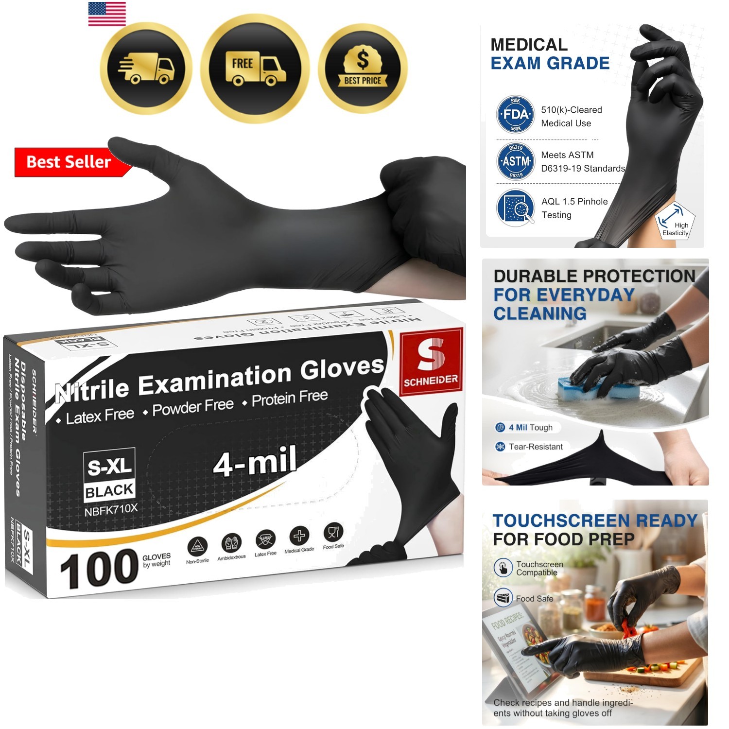 Nitrile Exam Gloves, 4 Mil Black Gloves Disposable Latex Free Powder Free, Fo…