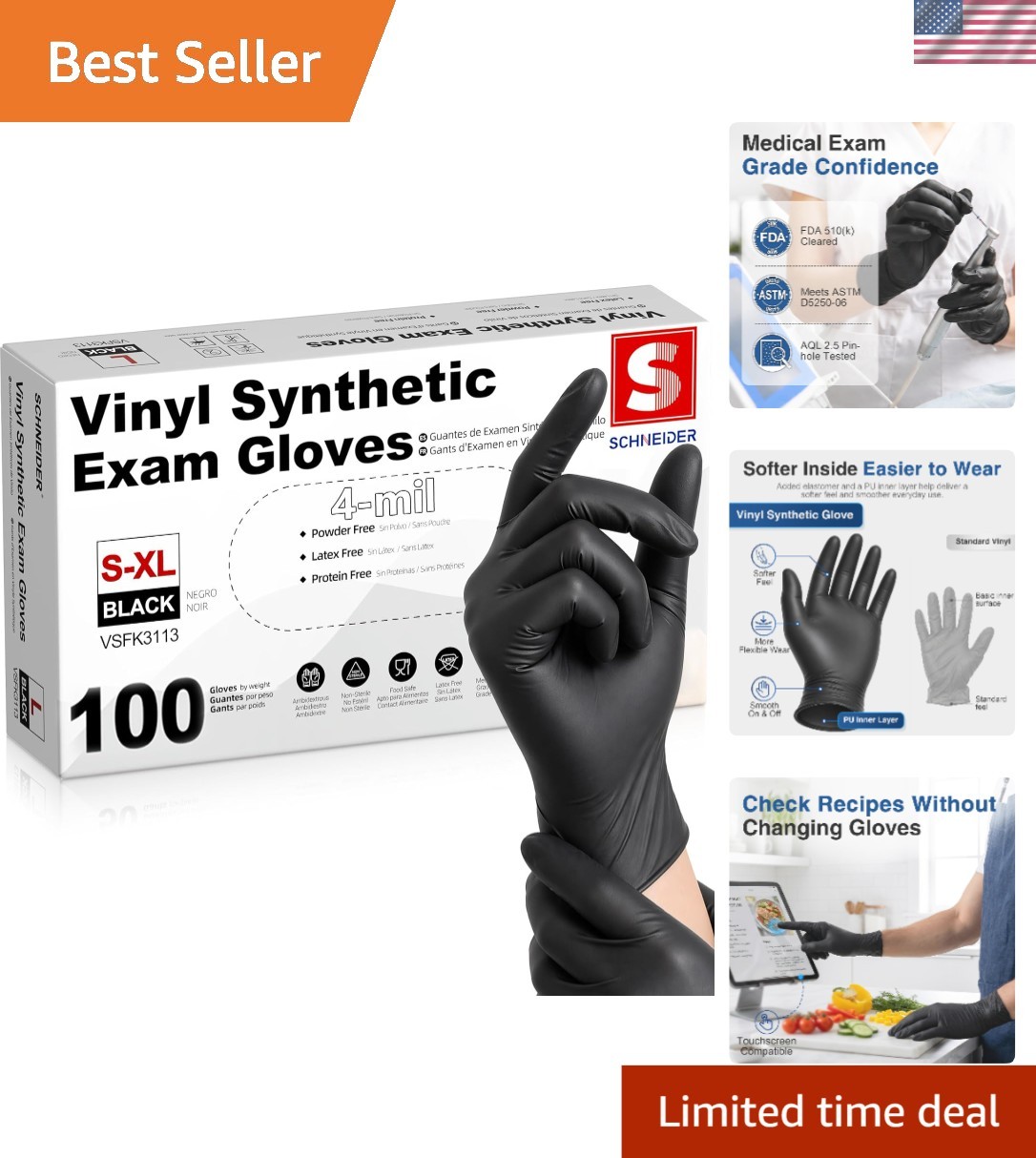 Latex-Free Vinyl Exam Gloves – 4 Mil Black Disposable Gloves, 100 Count, X-Large