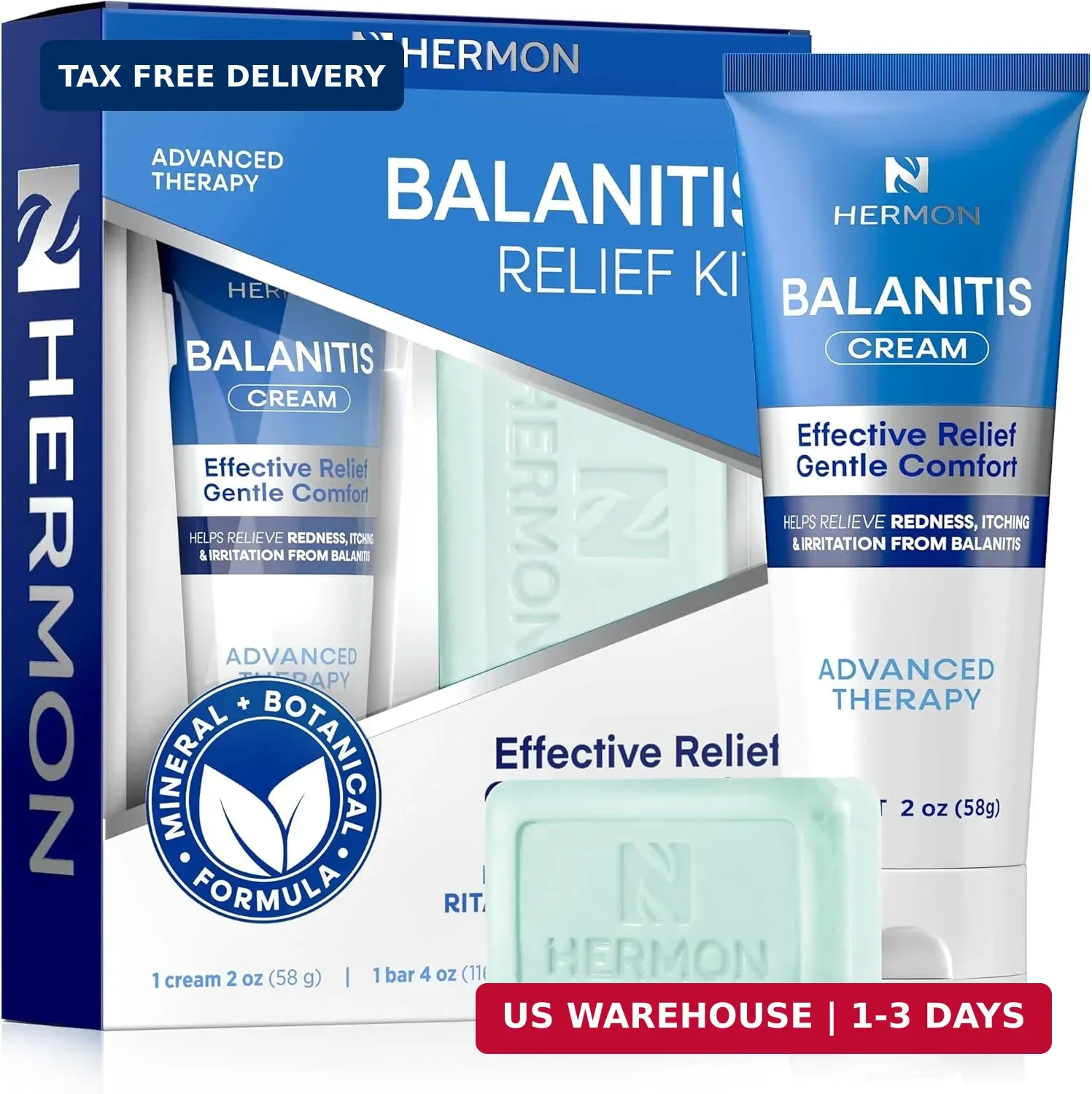 Balanitis Treatment for Men – Relieves Redness & Itching – Cream & Soap 2-Pc Kit