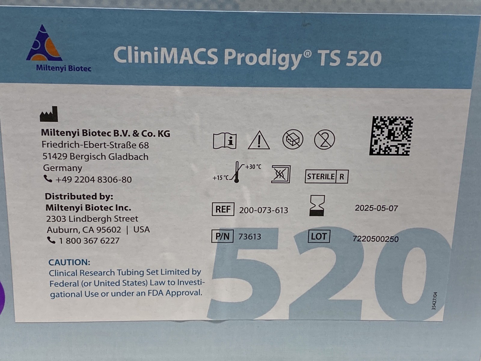 MILTENYI BIOTEC CliniMACS Prodigy TS520 Single-Use Tubing Set 200-073-613