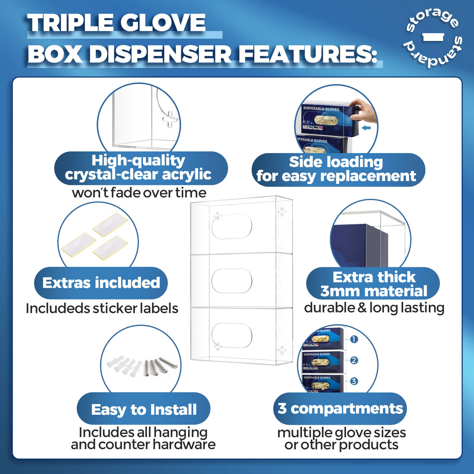 Triple Glove Box Holder Wall Mount Glove Dispenser – 16.5 x 10 x 3.5 Inches