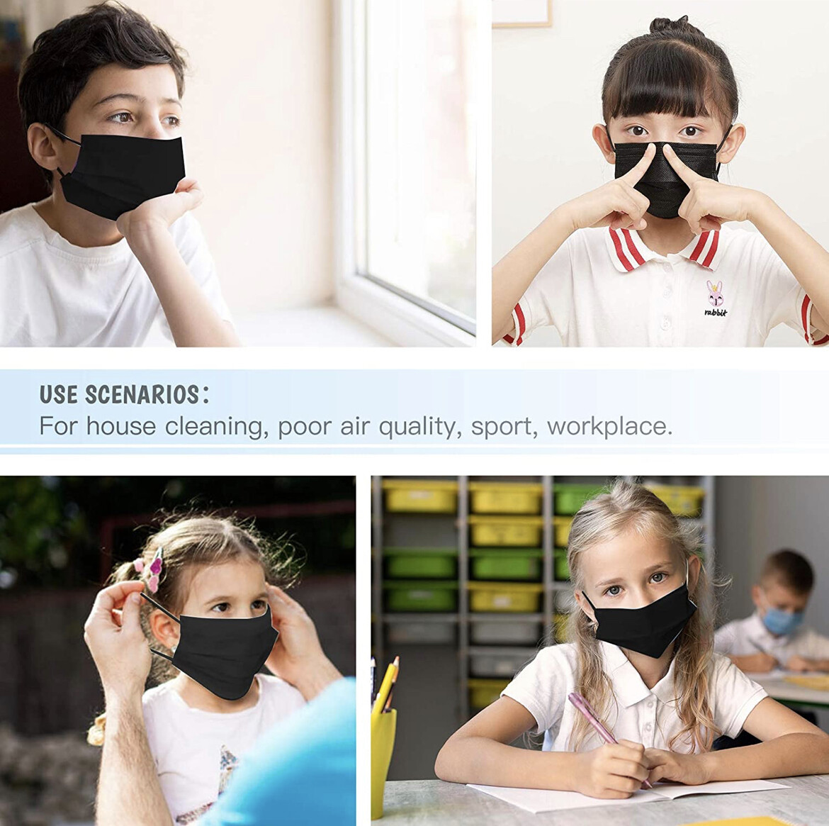 100/50 Pcs Kids Unisex Black Face Mask Mouth & Nose Protector Respirator Masks