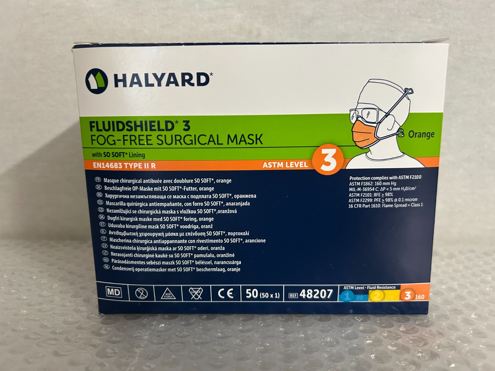 CASE OF 300 HALYARD FLUIDSHIELD ASTM 3 FOG-FREE SURGICAL MASK 48207 EN14683 II R