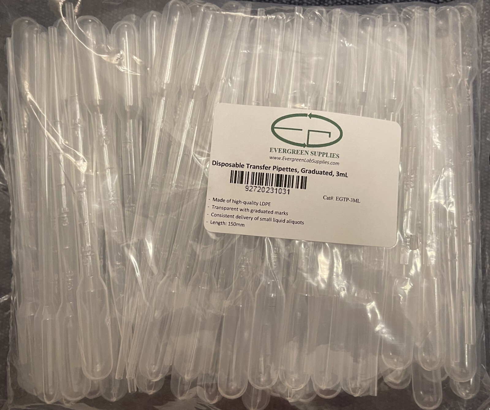 Disposable Pasteur Transfer Pipettes, Plastic, Graduated, 100pcs, 1mL